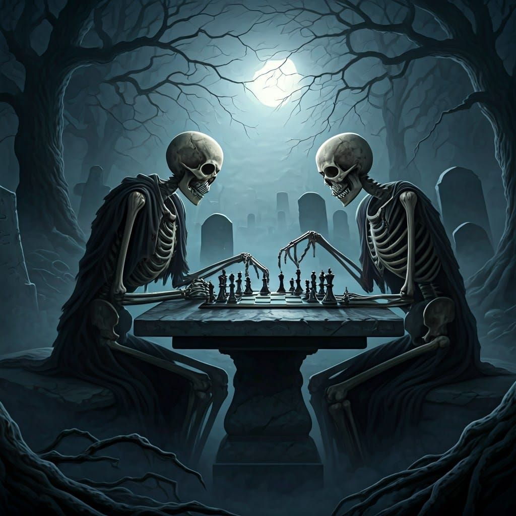 Skeletal Chess Game in Graveyard, Macabre Art