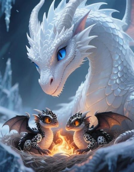 Mother Frost Dragon With Fire Dragon Babies in Misty Cave