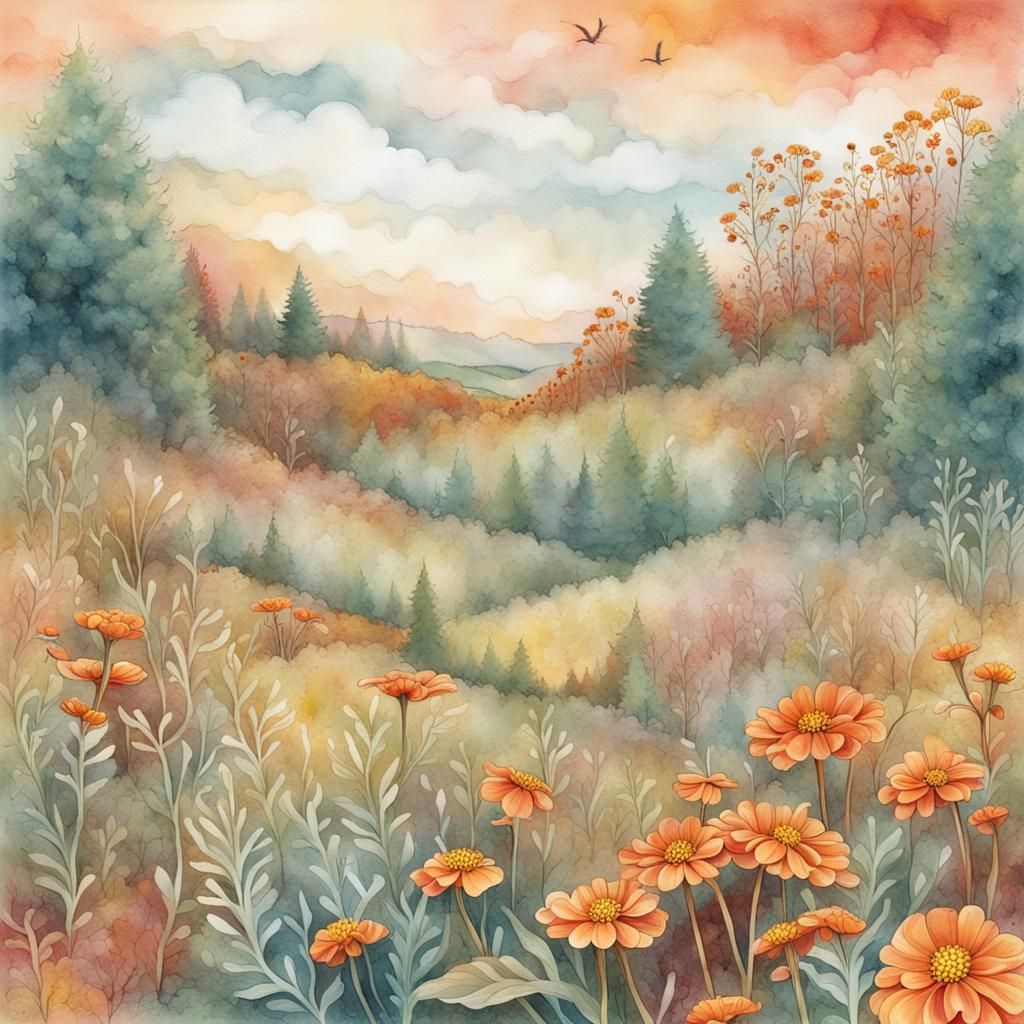 Ethereal Marigold Meadow: Whimsical Fall Illustration