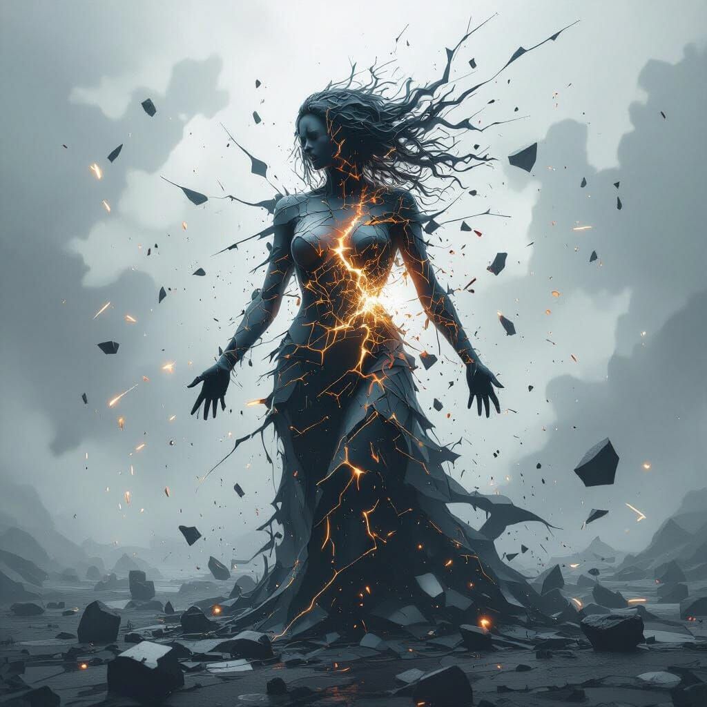 Surreal Feminine Figure Shatters into Sparks