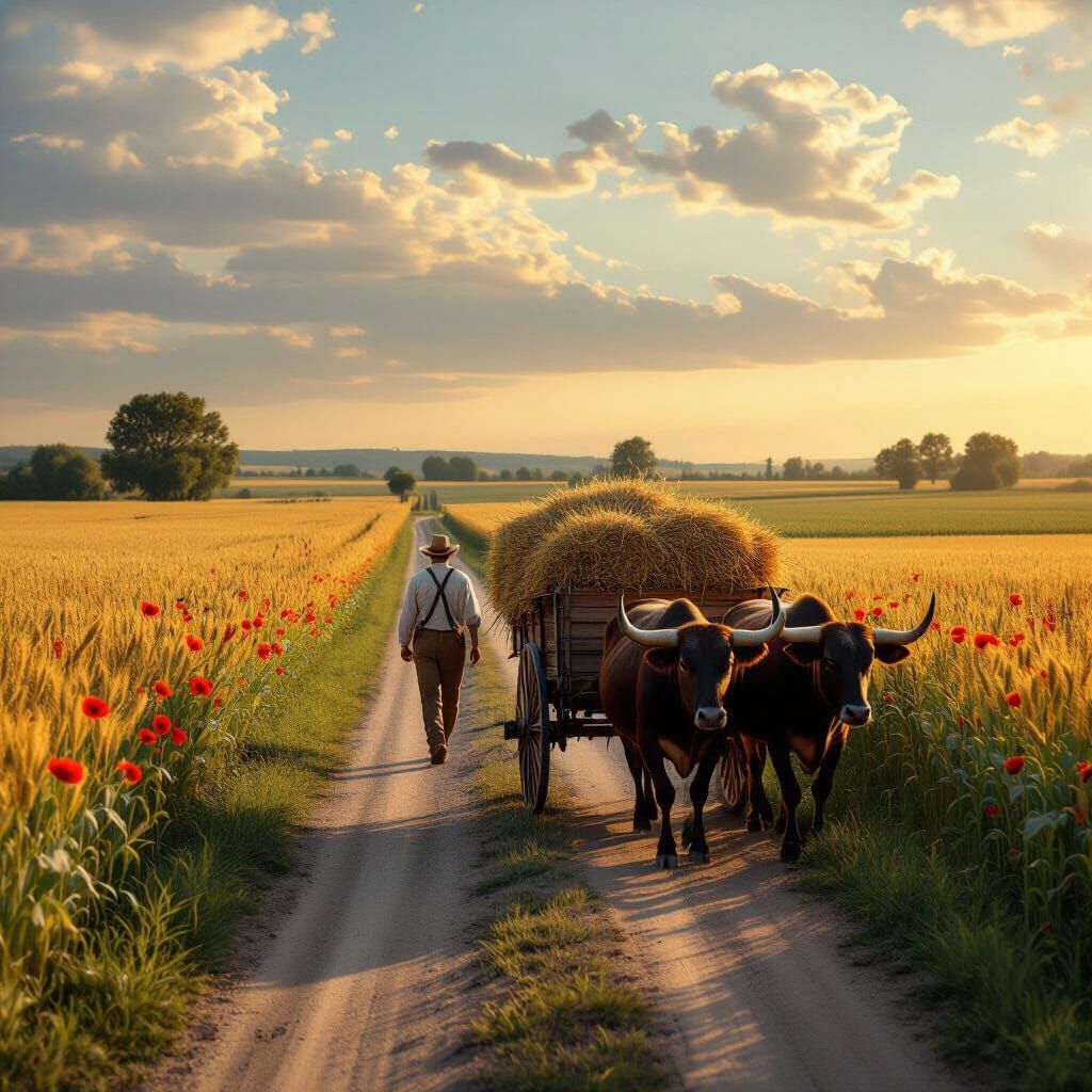 Bucolic Scene: Hay Cart Pulled by Oxen in Golden Light