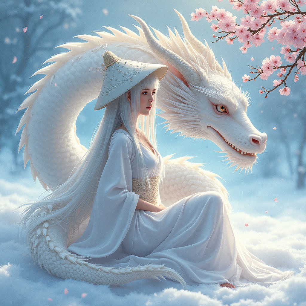 Snow Maiden with Dragon Hat in Ukiyo-e Style