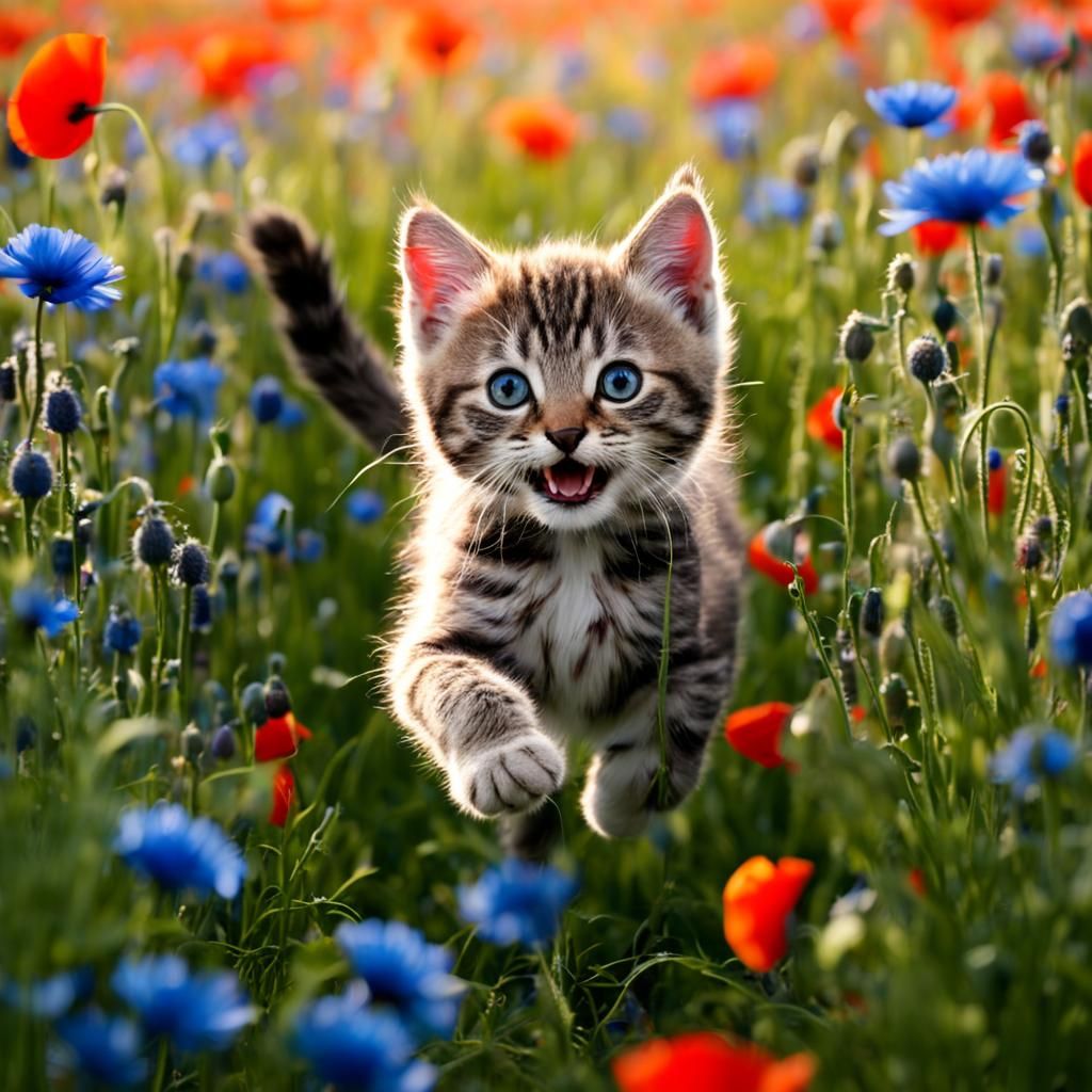 Happy Kitten Playing in Poppy Field