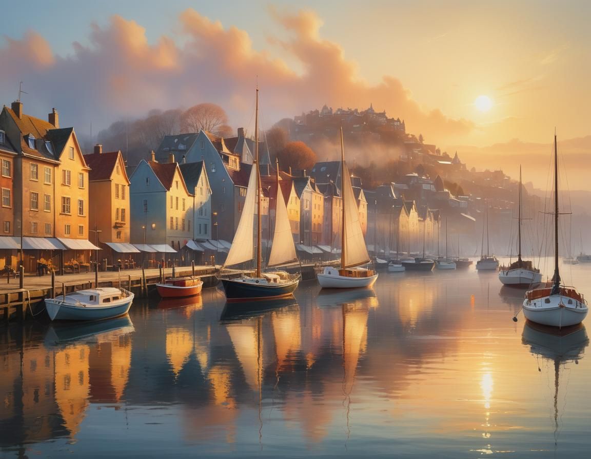 Winter Harbour Scene in Oil Painting Style
