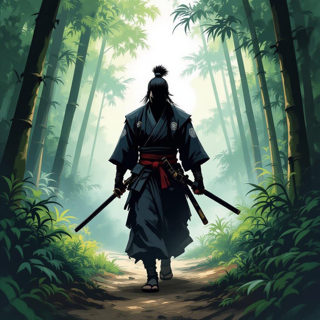 Ninja in Jungle with Katana, Ukiyo-e Style