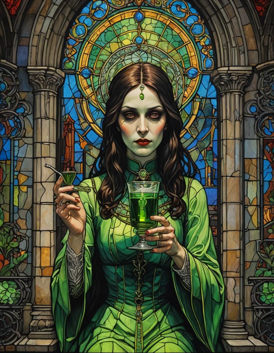 Gothic Woman with Absinthe in Cathedral Painting