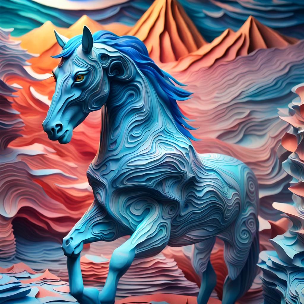 Paper Horse Sculpture in Chaotic Sea, Dreamlike CGI
