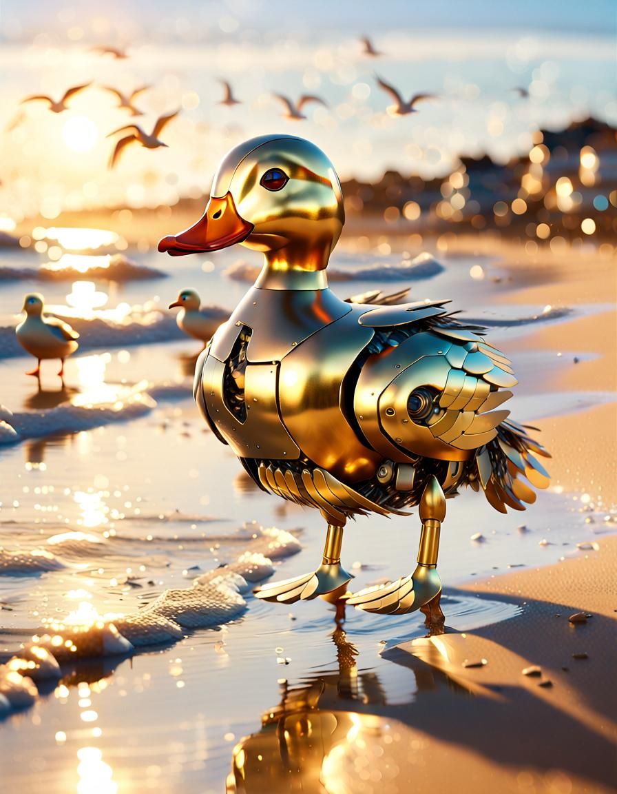 Robot Duck on Atlantic Shoreline, Digital Art