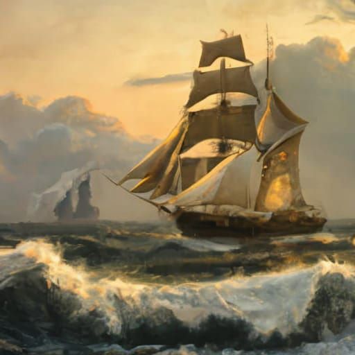 Seascape with Sailing Ship in Cloudy Sky