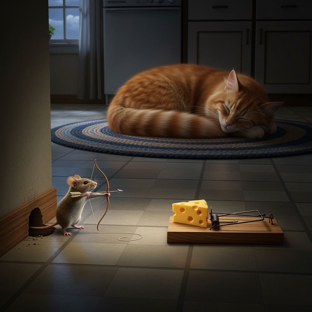 Mouse Aims Arrow at Mousetrap in Moonlit Kitchen