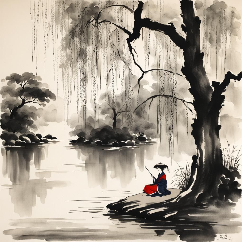 Geisha by Weeping Willow: Sumi-e Ink Painting