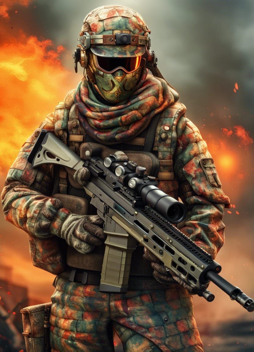 Sniper in Fiery War Scene with Camouflage