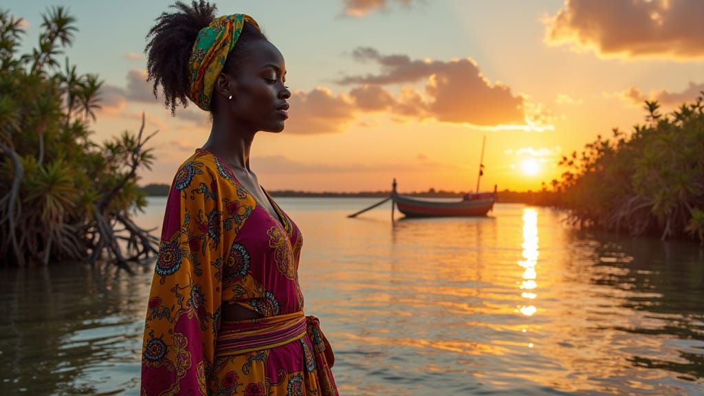 Senegalese Woman in Mangrove Sunset, African Art Style