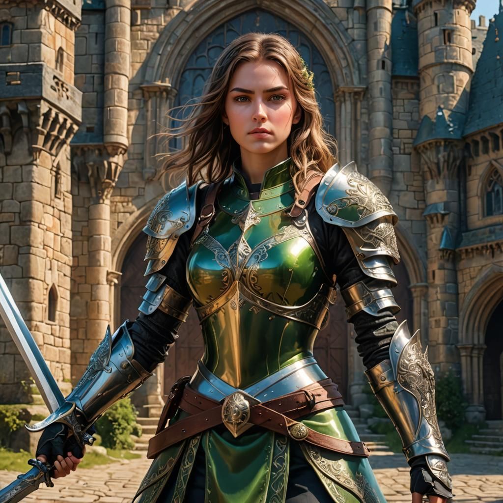 Female Warrior in Armor with Sword, Hyperrealistic Fantasy