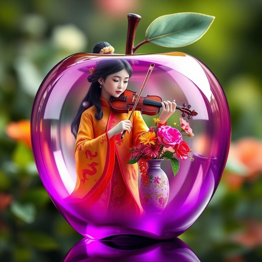Macro Photo: Girl Playing Violin Inside Glass Apple