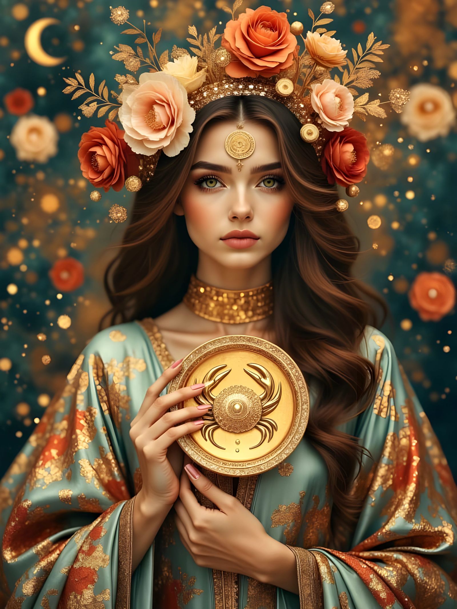 Beauty Madonna with Zodiac Sign and Exotic Flowers