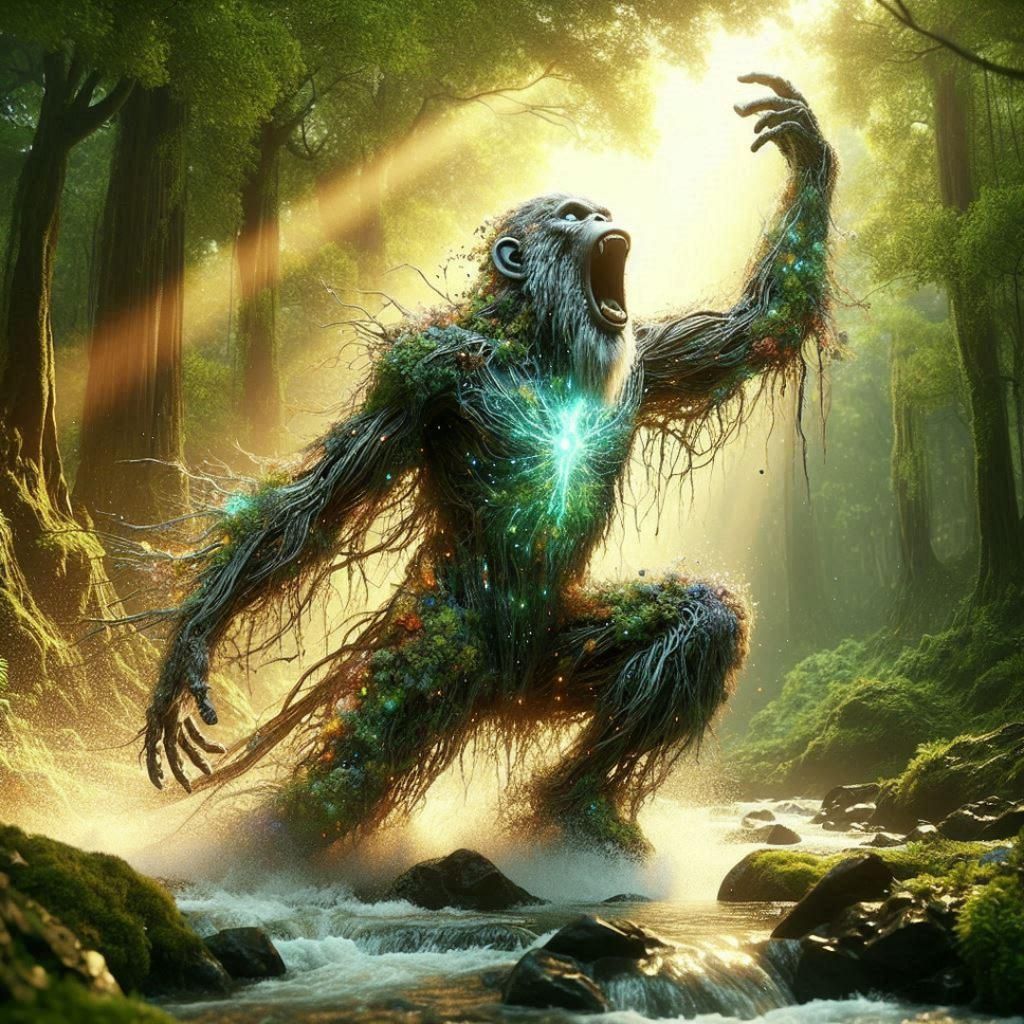 Monkey Golem Elemental Emerges from Lush Forest