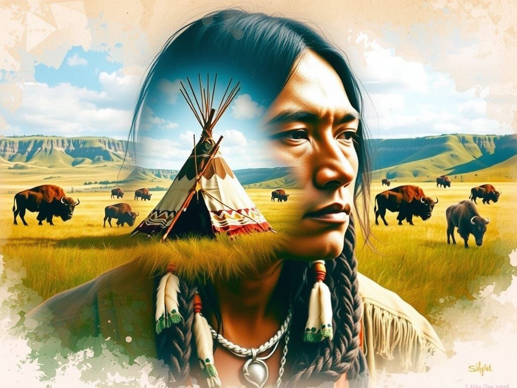 The young Cherokee man of the Great Plains, double exposure Cherokee mans face formed by a Teepee in a grass plains with...