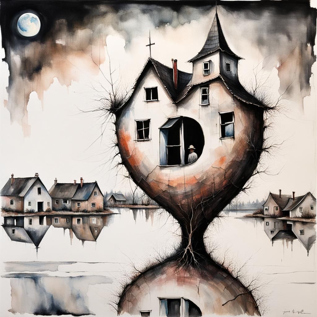 Abstract Pretzel Village in Dark Fantasy Moonscape