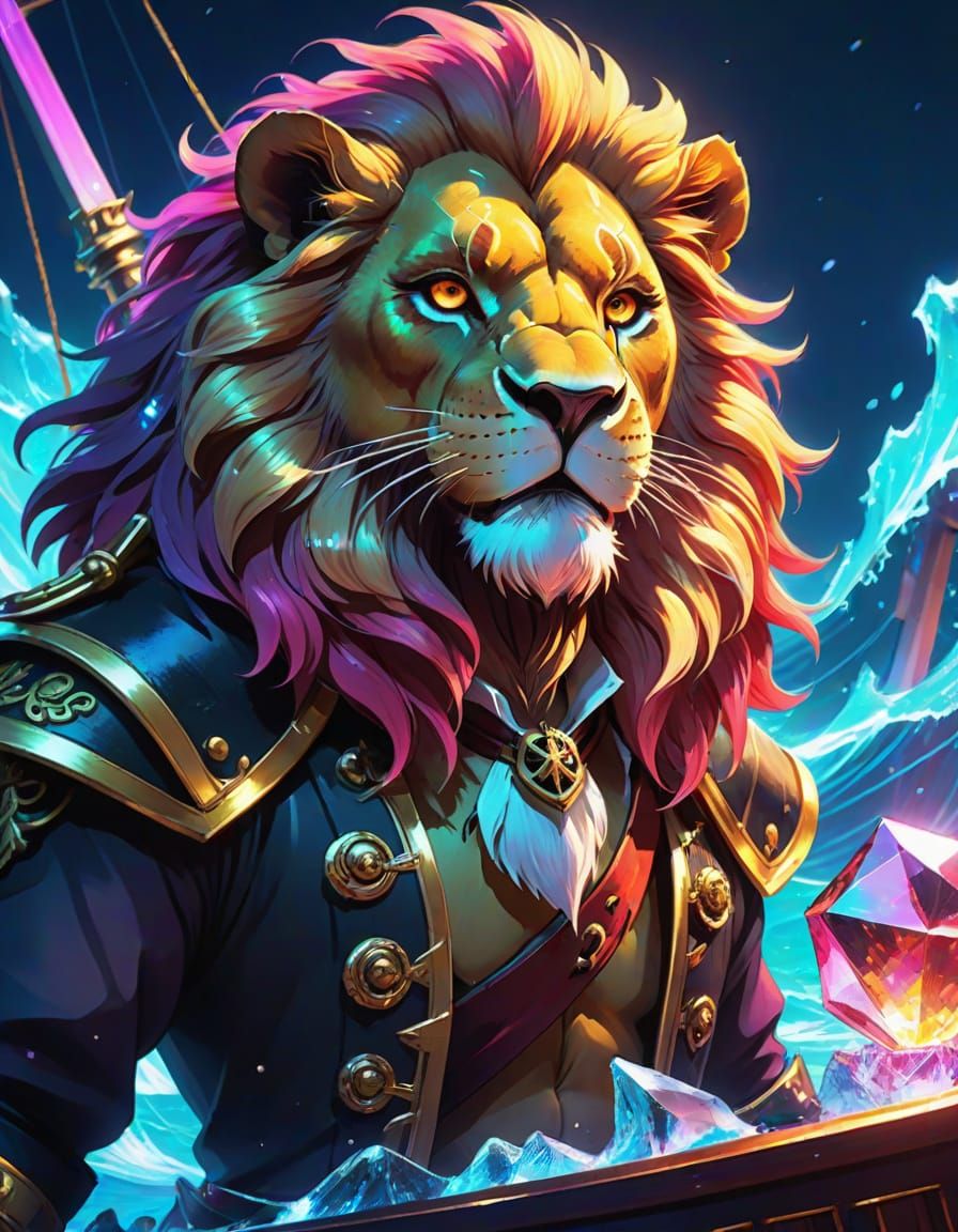 Lion Pirate on Crystal Ship in Anime Style