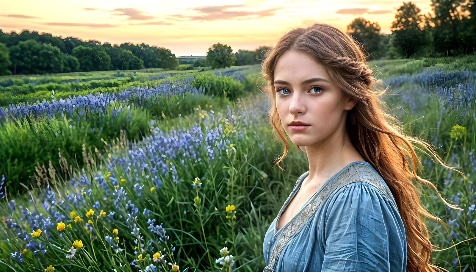 Enchanting Pre-Raphaelite Woman Lost in Twilight Dreamscape