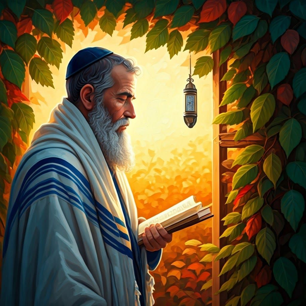 Devout Man Praying in Autumn Sukkah