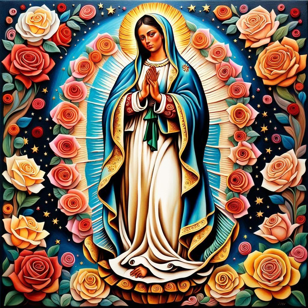 Virgin of Guadalupe in Quilling Style with Roses