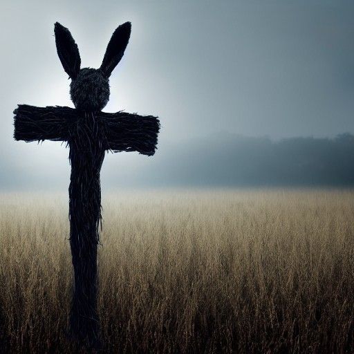 Hyperrealistic Rabbit Scarecrow in Dark Field