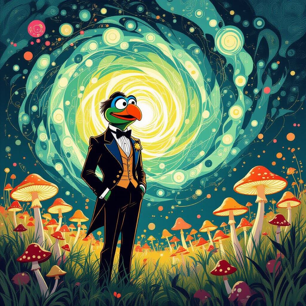 Muppet in Bioluminescent Field, Art Nouveau Illustration