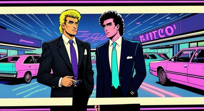 1980s comic scene. Two businessmen talking to each in a parking lot.