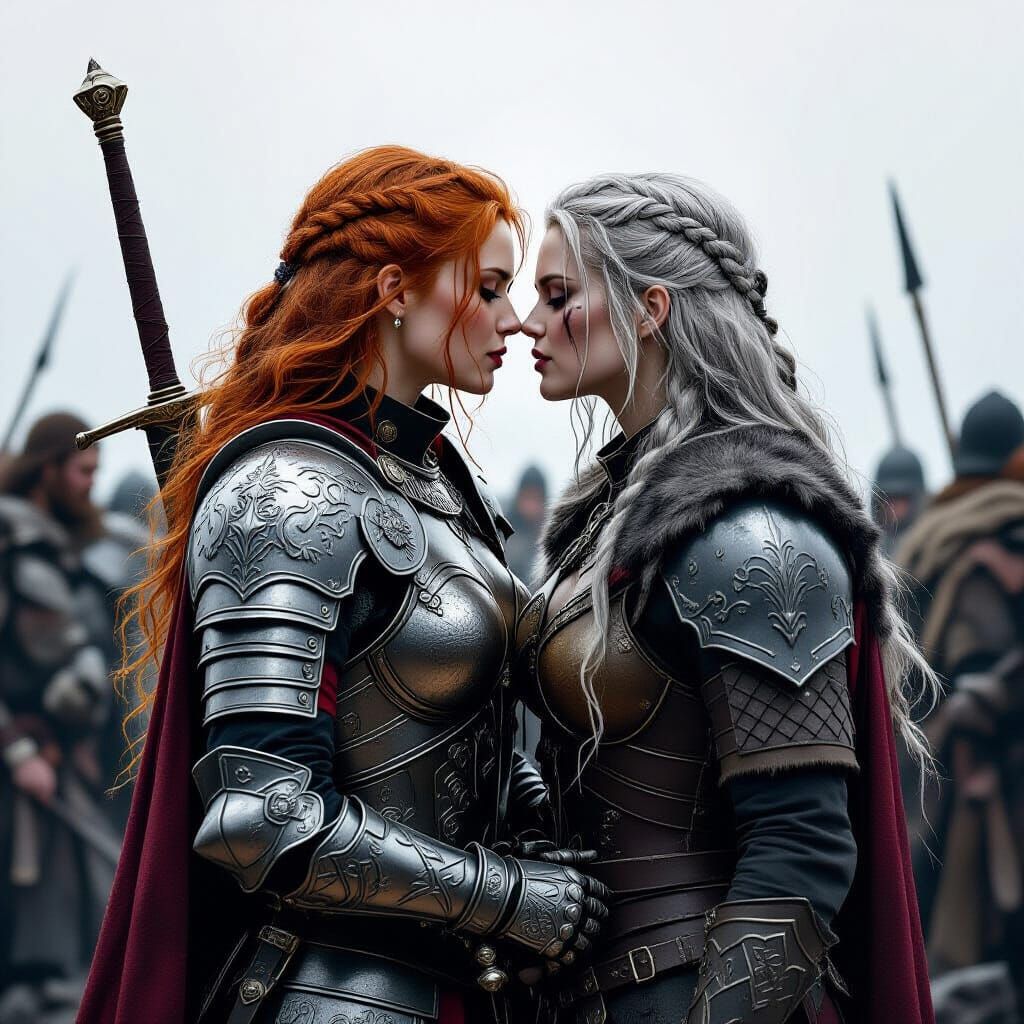Redhaired Knight and Barbarian Warrior Kissing on Battlefiel...
