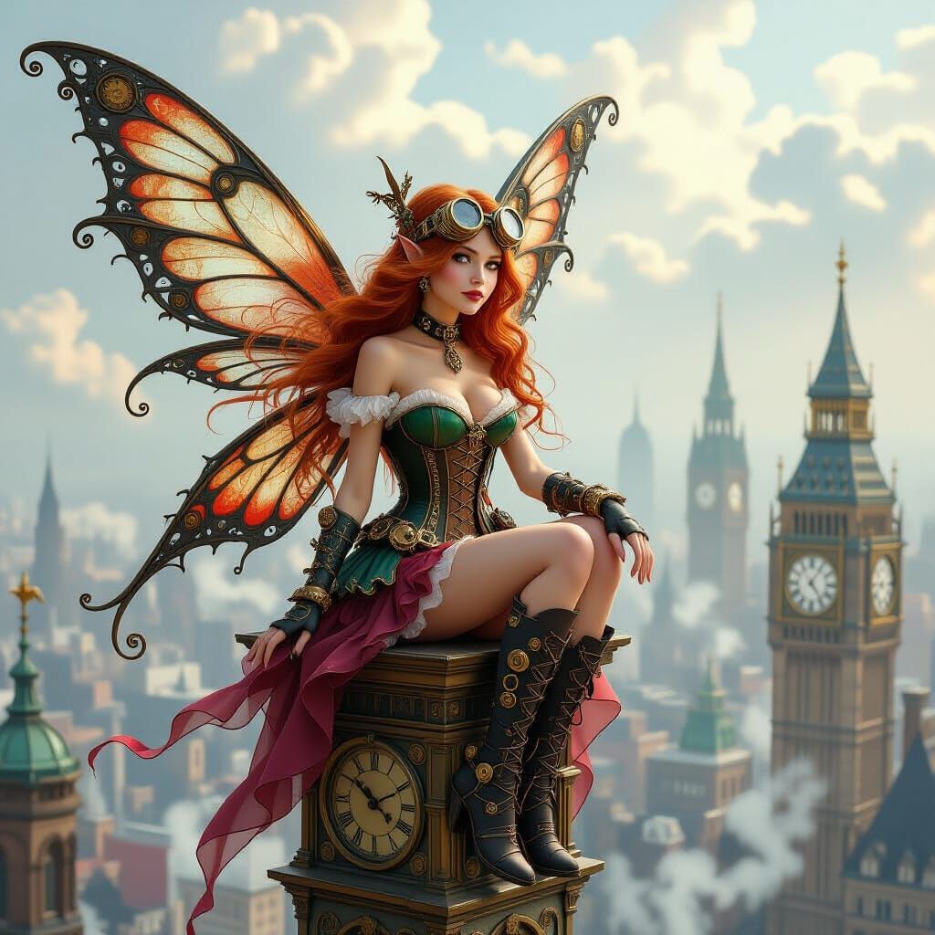 Steampunk Fairy Over Victorian City
