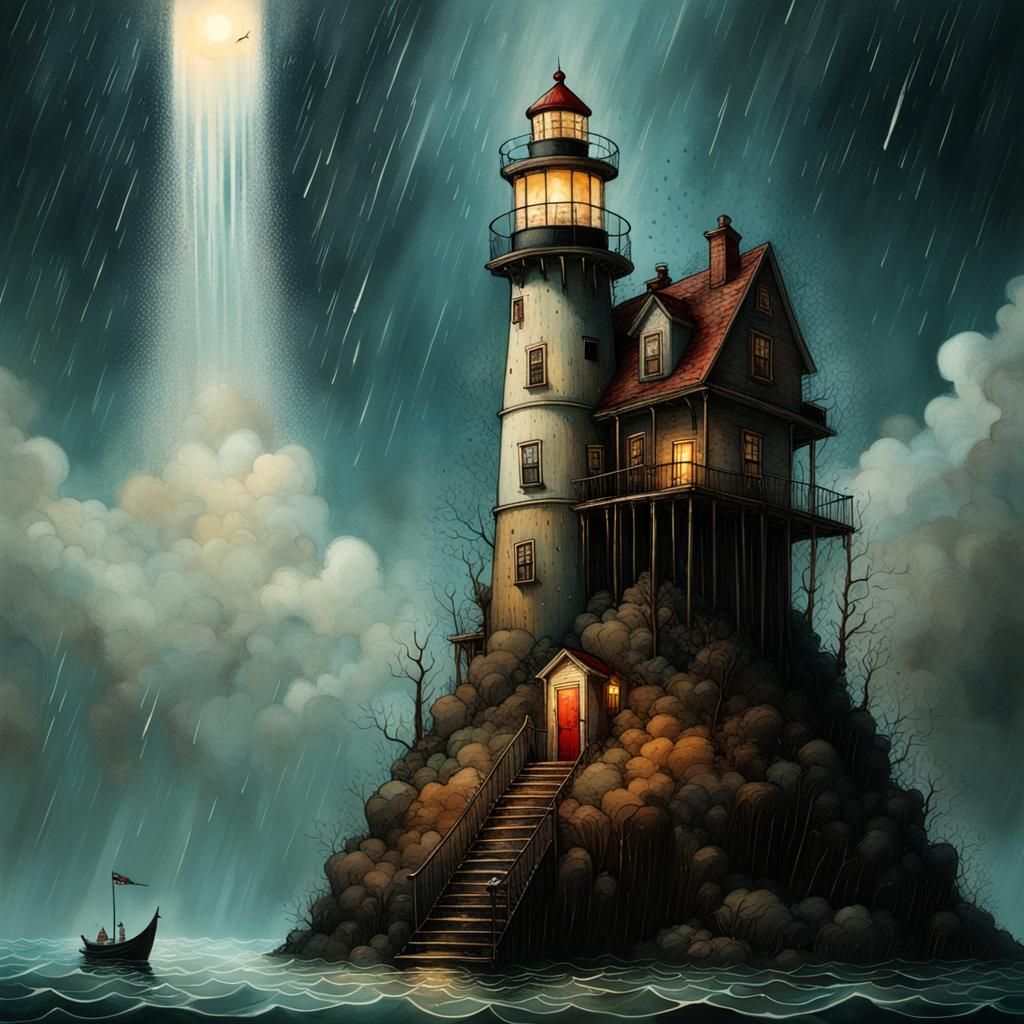 Vibrant Lighthouse in Rainy Nightscape