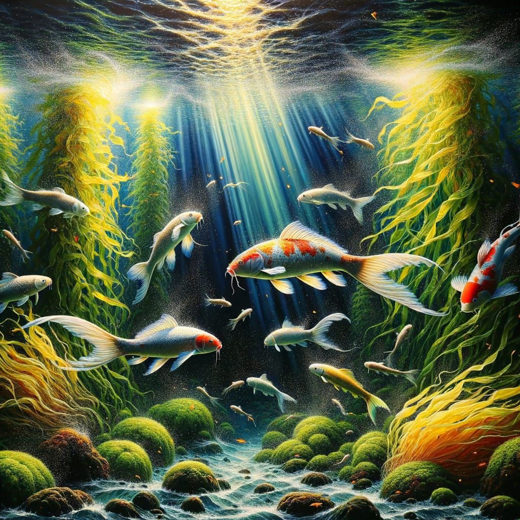 A vibrant group of koi fish navigates through an underwater forest of bioluminescent kelp. The water is clear, revealing...