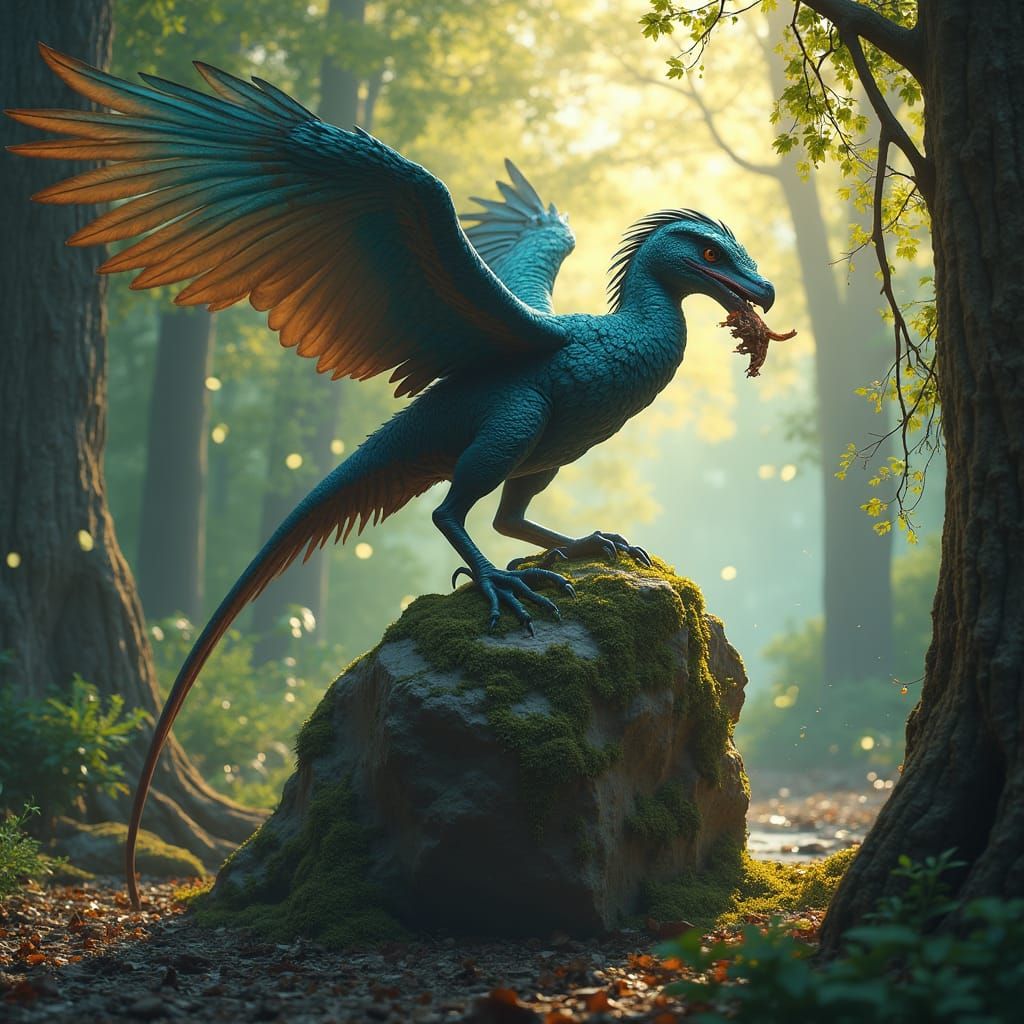 Archaeopteryx Devouring Reptile in Mystical Forest