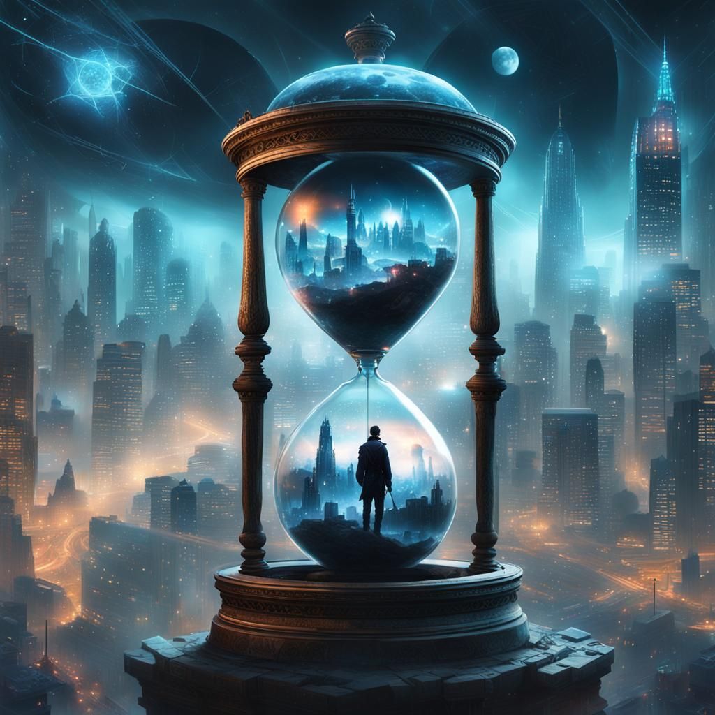 Cyberpunk City in Hourglass: Double Exposure Illusion