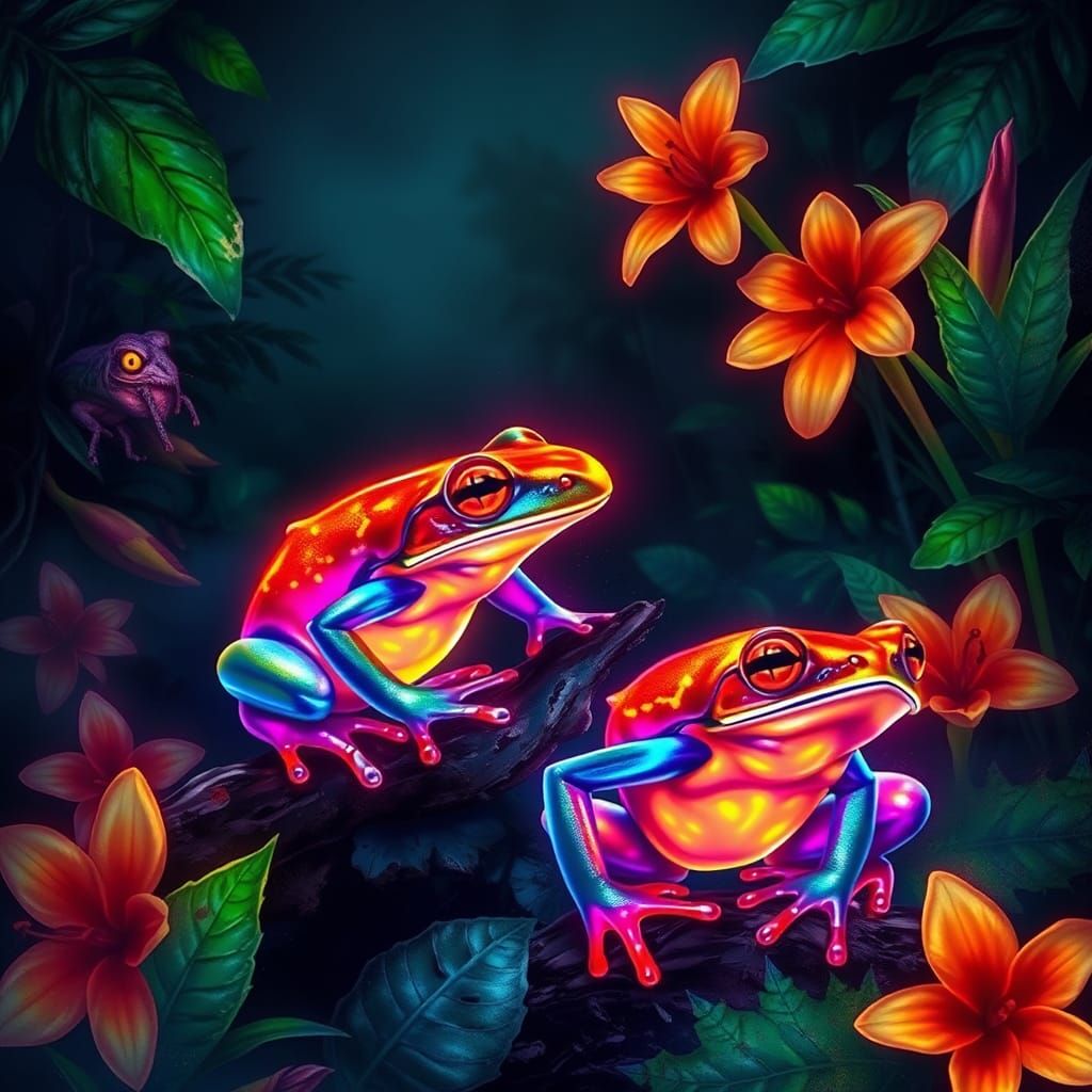 Bioluminescent Frogs in a Neon Rainforest