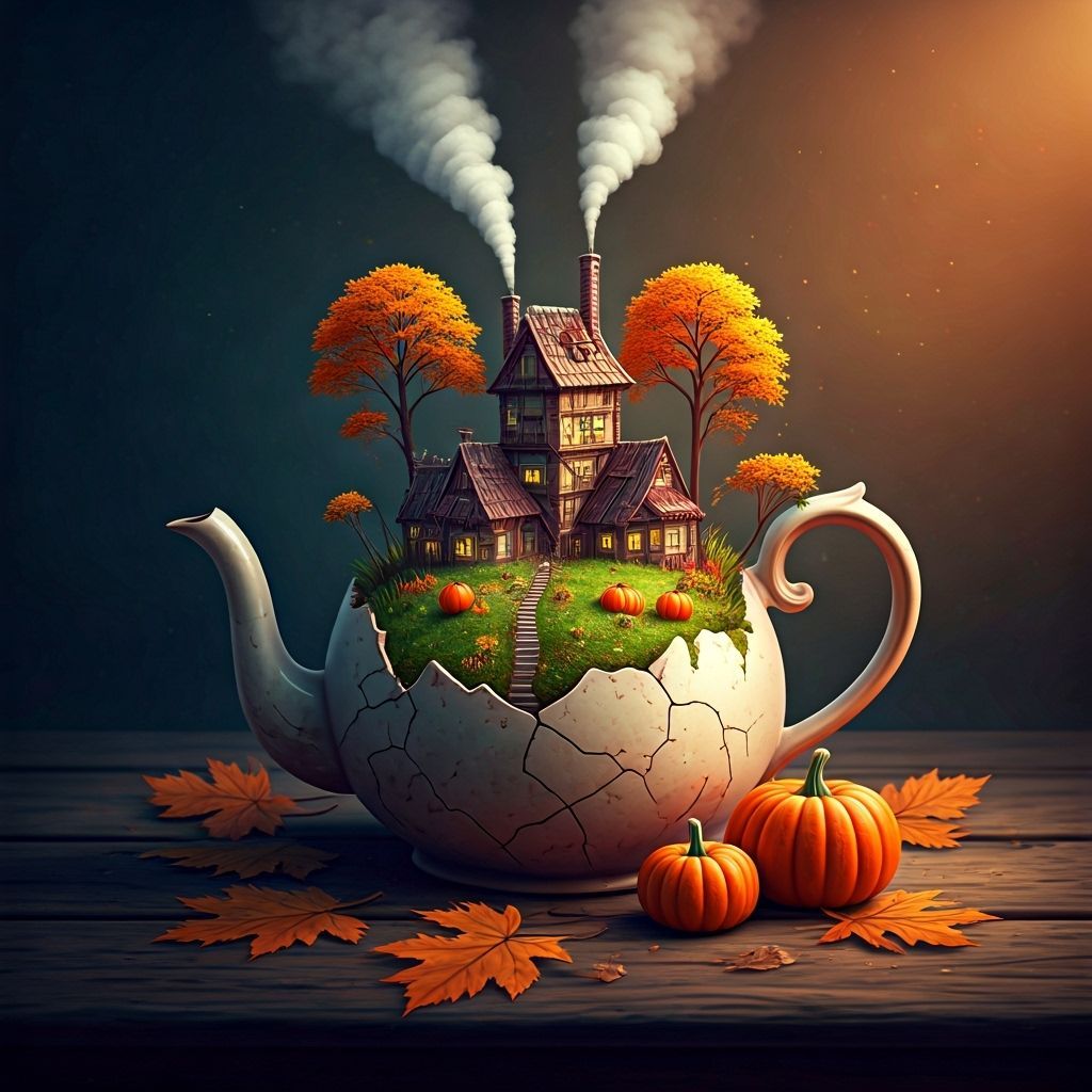 Whimsical Village Inside a Cracked Teapot in Storybook Style