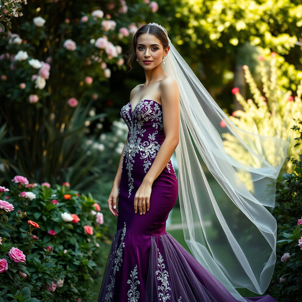 Bride in Plum Gown with Silver Embroidery