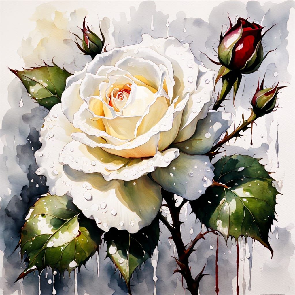 White Rose Oil Painting with Crimson Drop