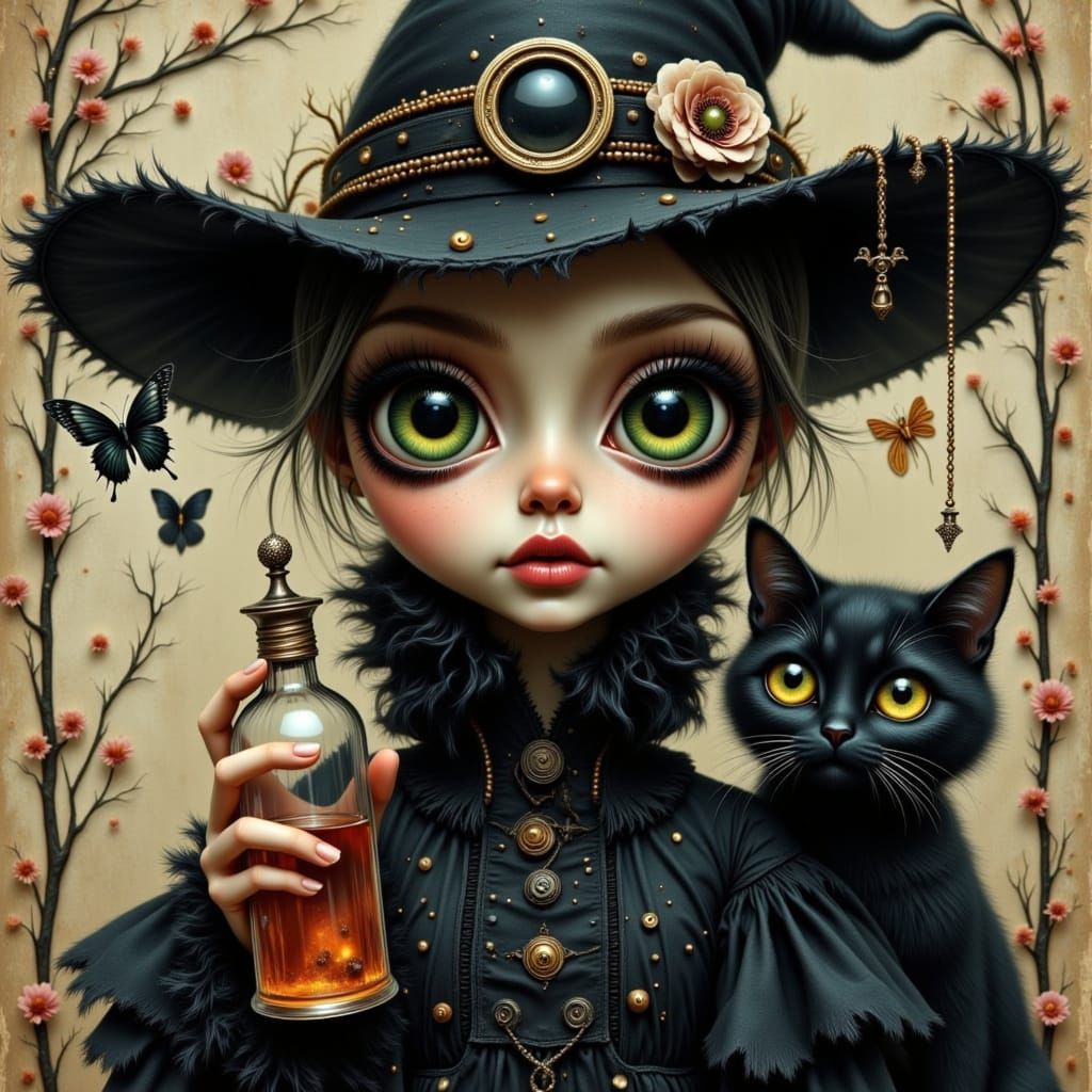 Whimsical Witch with Butterfly Potion Illustration
