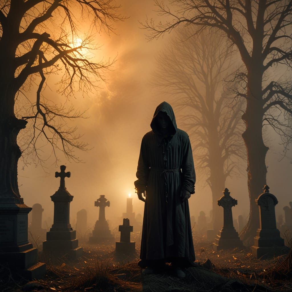 Gothic Figure Emerging from Fog in a Haunting Graveyard Scen...