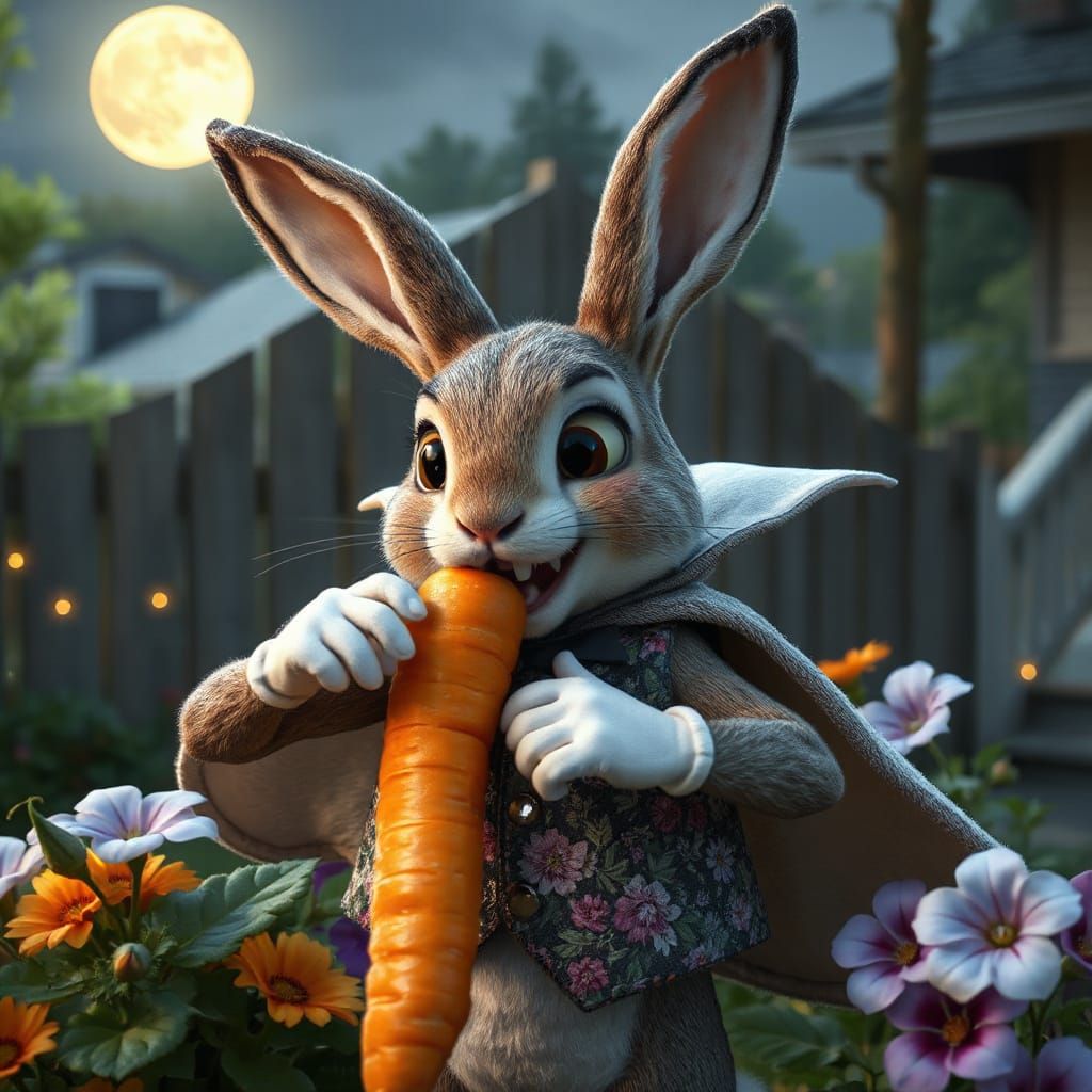 Whimsical Vampire Bunny Bites into a Vibrant Orange Carrot