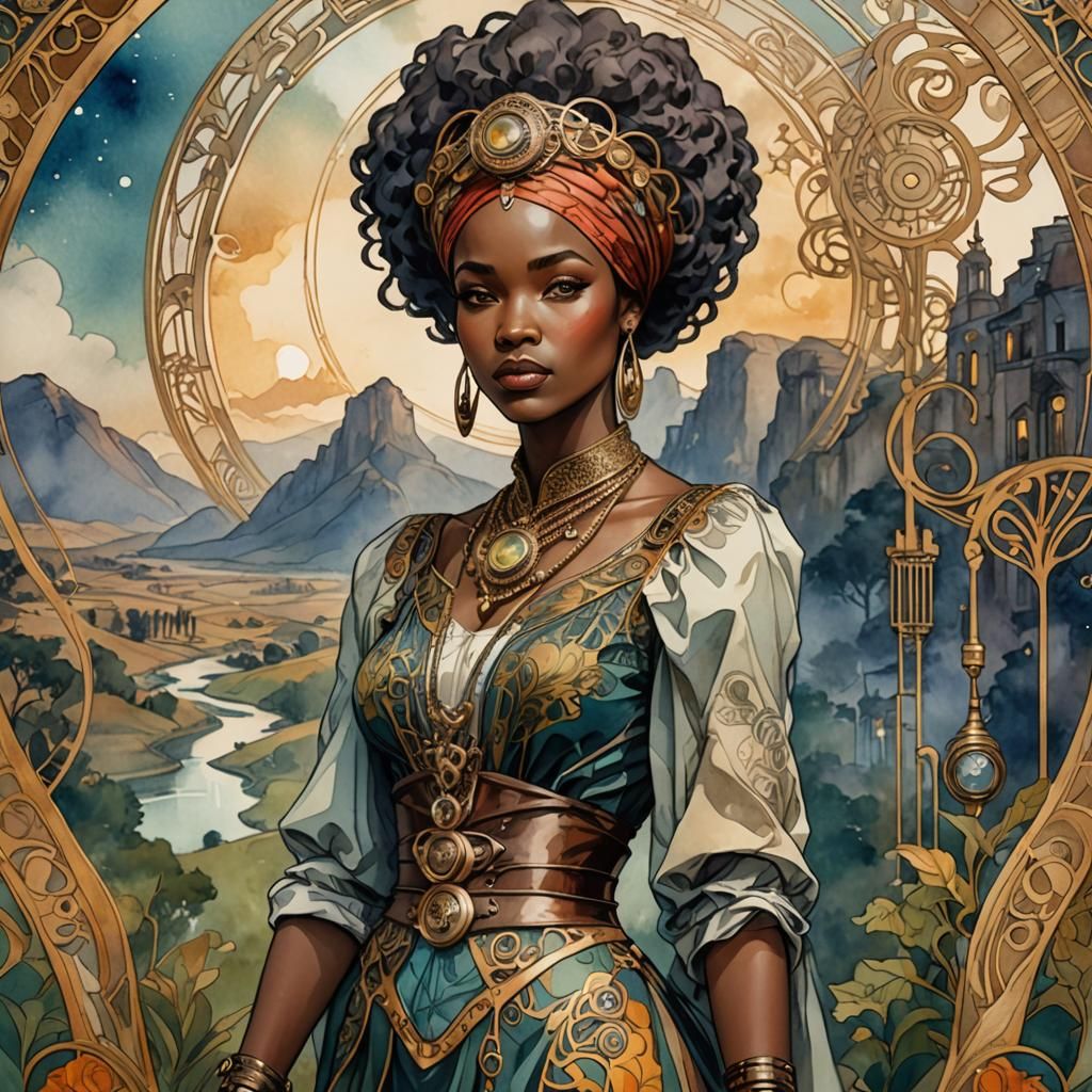 Steampunk Art Nouveau African Woman in Watercolour