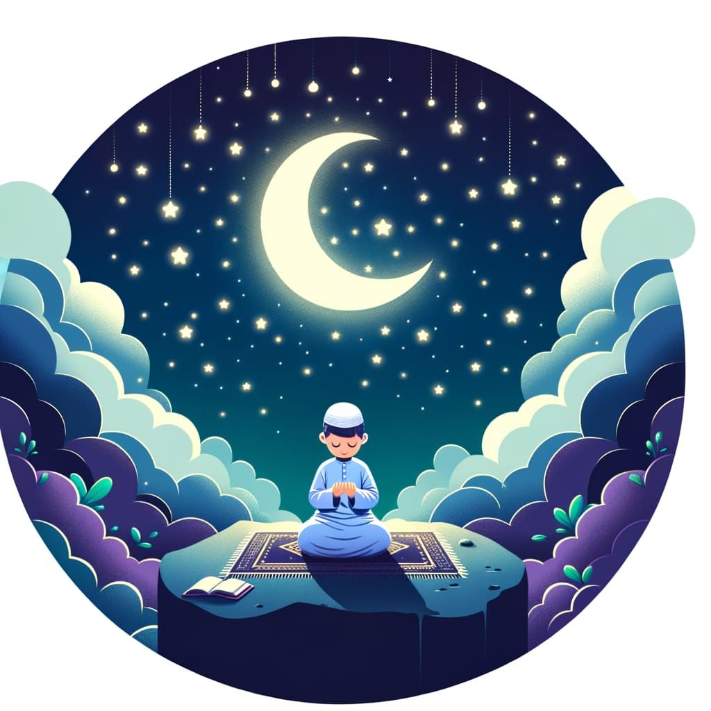 Peaceful Muslim Boy Praying Under Crescent Moon