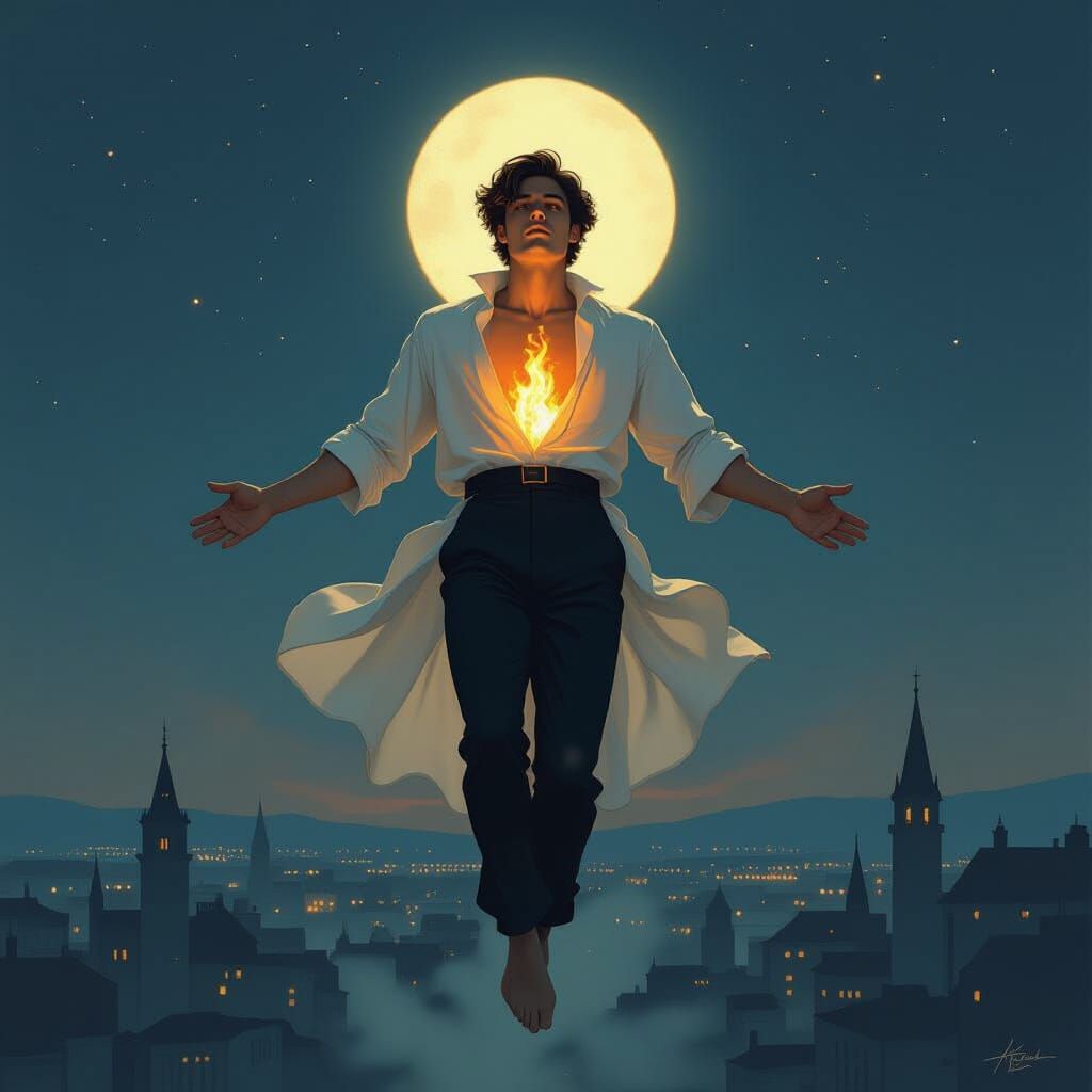 Man Floating in Night Sky in Earthy Tones