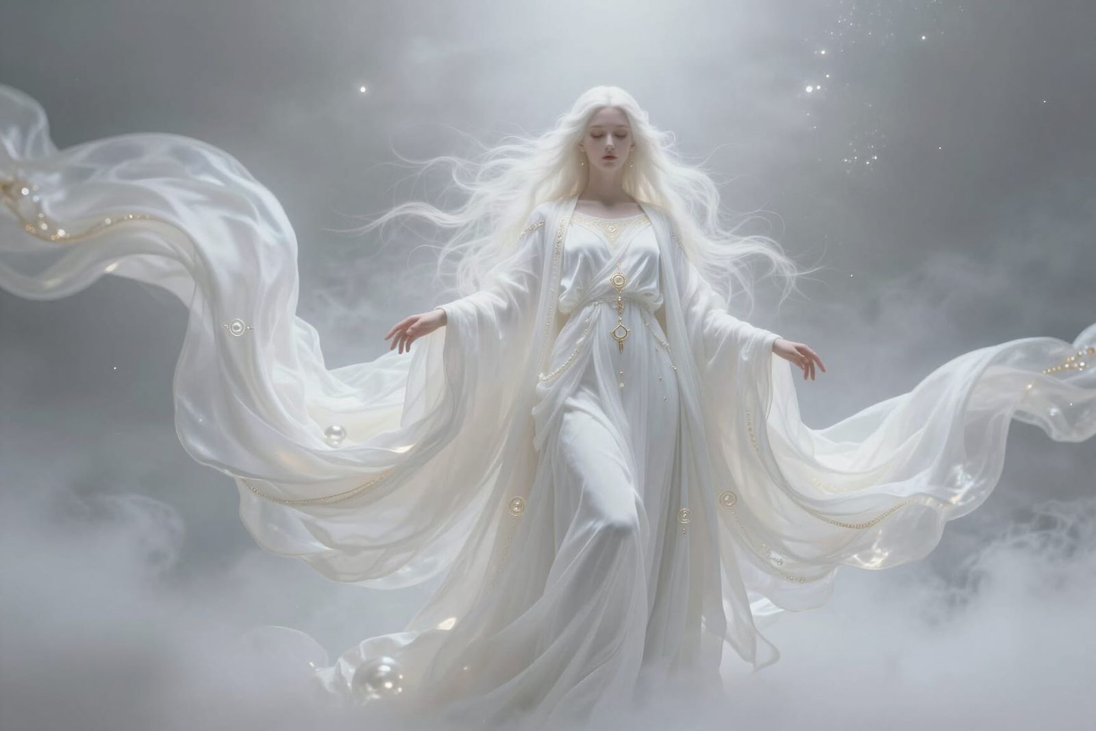 Ethereal Figure of Purity Emerges in Luminous White