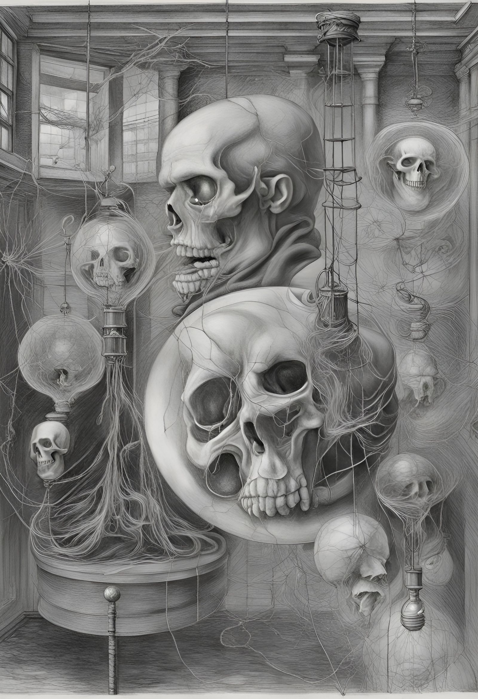 Surreal Stitched Face in Hallway: Pencil Drawing