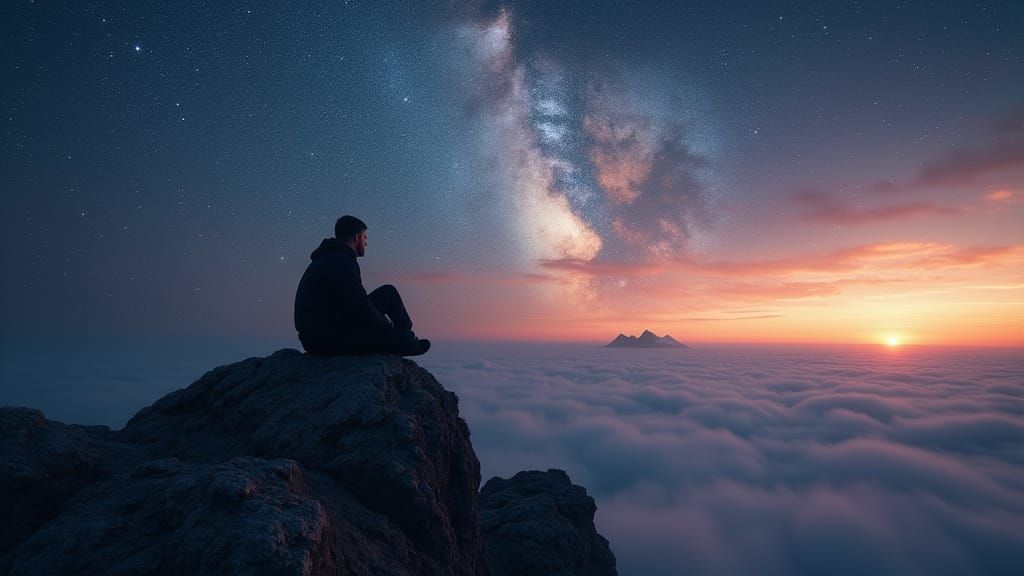 Man Silhouetted on Mountain Summit at Sunset Above Clouds
