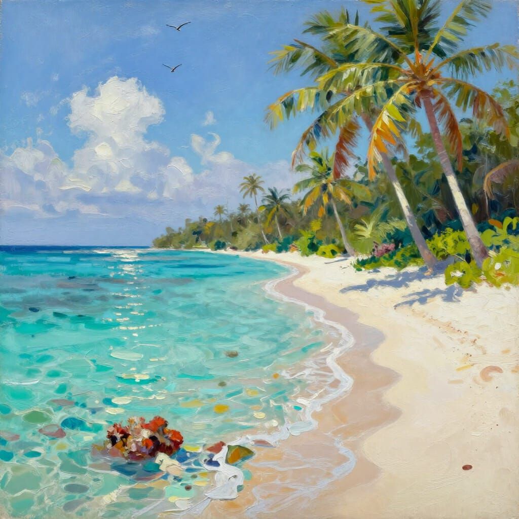 Tropical Island Paradise Oil Painting with Vibrant Colors